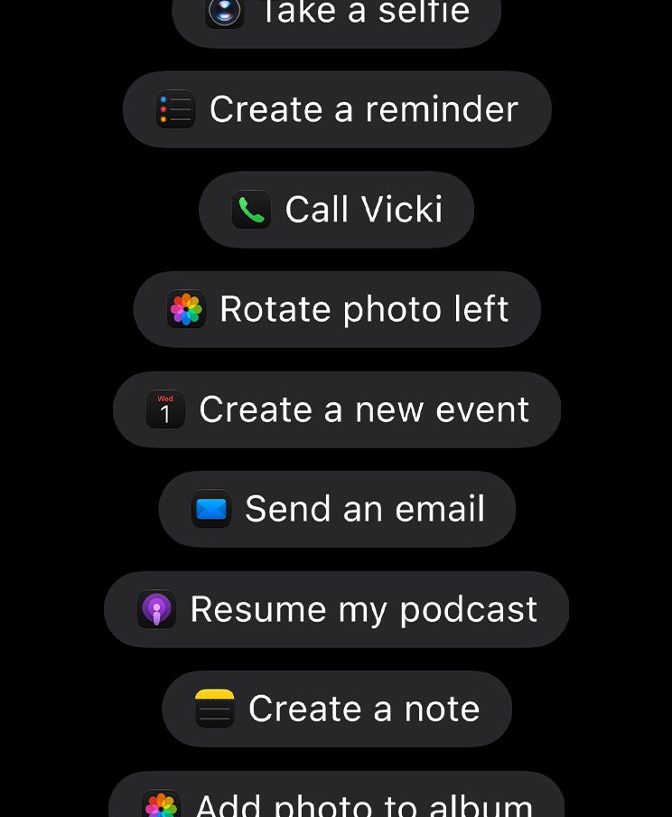 A list of actions Siri AI can take, including create a reminder, send an email and create a new event