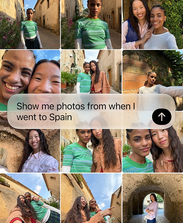 A grid of holiday photos found by asking Siri to show photos from a trip to Spain
