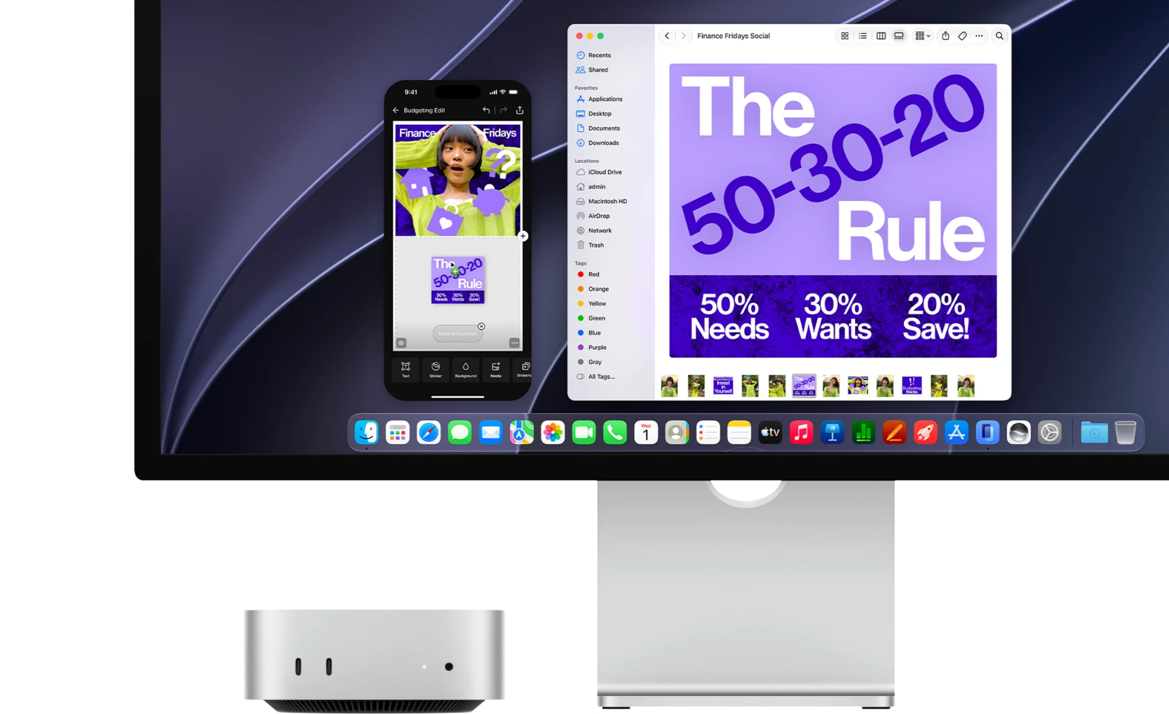 Mac mini under a Studio Display, cut off from the right at the side of a box showcasing macOS Golden Gate's advantages