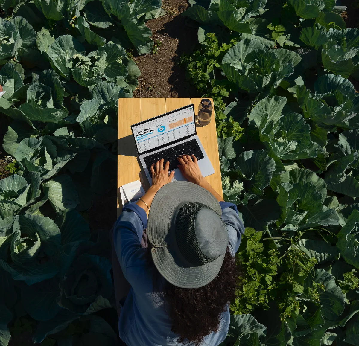A modern store setting with two people using an Apple iMac at a high wooden table. One person is seated, interacting with the iMac, which displays a product catalogue, while the other person stands, smiling his hand on a wollen hat placed on the table. The store has large windows, potted plants, and a surfboard leaning against the wall, with additional people and decor visible in the reflection of a large circular mirror.